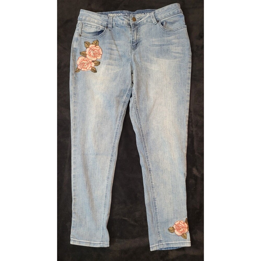 Westport Signature Fit Skinny Ankle Blue Jeans Pink Flowers Embroidery Size 12P
